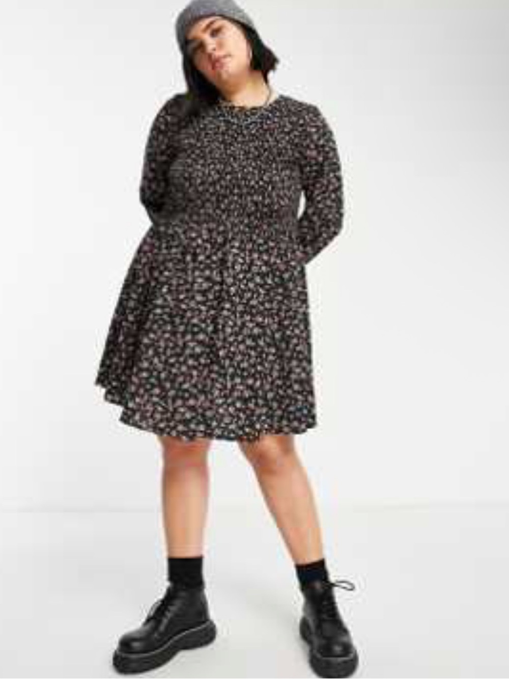 Daisy Street Black Floral Smocked Long Sleeve Mini Dress 3X